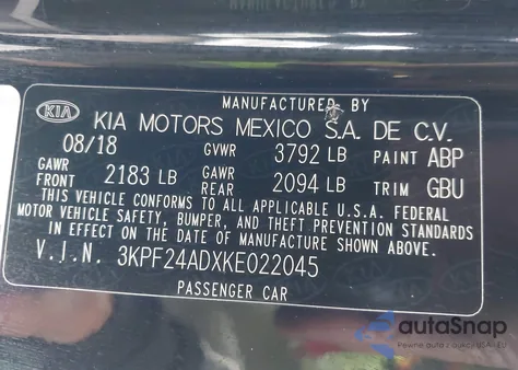 2019 Kia Forte Lxs from USA, damaged, VIN 3KPF24ADXKE022045